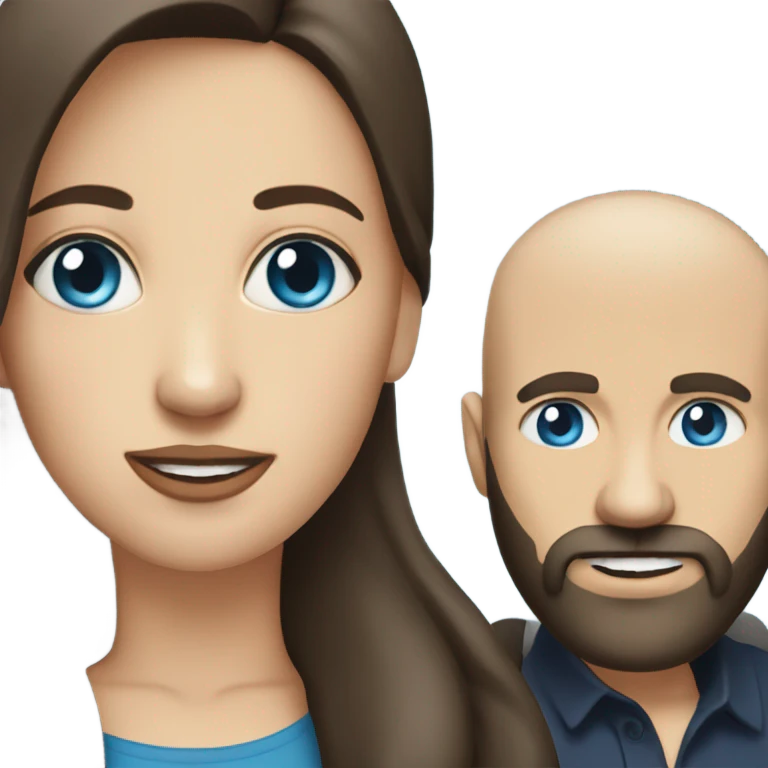 dark brown haired woman with blue eyes phoning bald man with beard emoji
