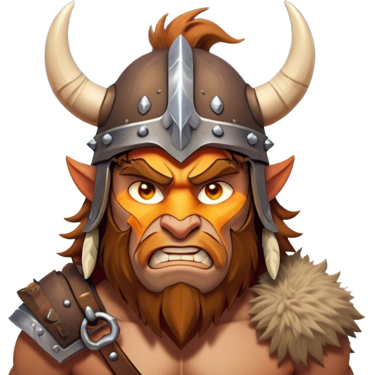Clash of Clans style: Cinematic Fierce Barbarian Portrait Emoji, Poised and bold with a rugged, cartoonish build in tattered furs and a whimsical horned helmet, bright expressive eyes and a confident smirk, Simplified yet dynamic features, highly detailed, glowing with a vivid, adventurous aura, high shine, heroic and spirited, stylized with an air of medieval warrior charm, focused and energetic, soft glowing outline, capturing the essence of a fearless barbarian adventurer ready to lead his clan with spirited valor! emoji