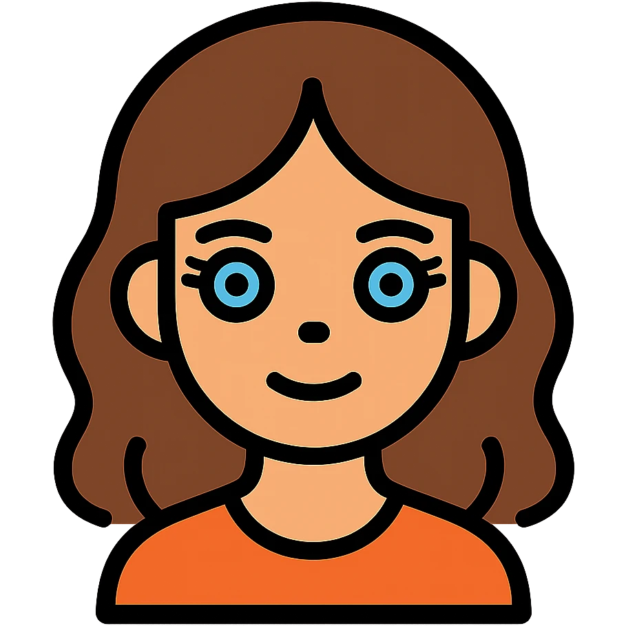 An icon-style emoji of a brunette girl with medium, slightly wavy hair, normal skin tone, a button nose, beautiful blue eyes with eyelashes. emoji