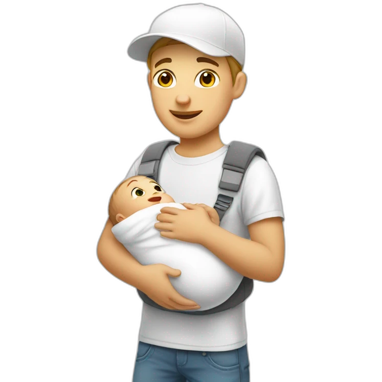 Young white guy wearing a white cap and holding a baby emoji