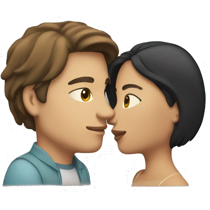 a couple kissing. The man has shoulder long brown hair and the woman has chin-length black hair. both have white skin emoji