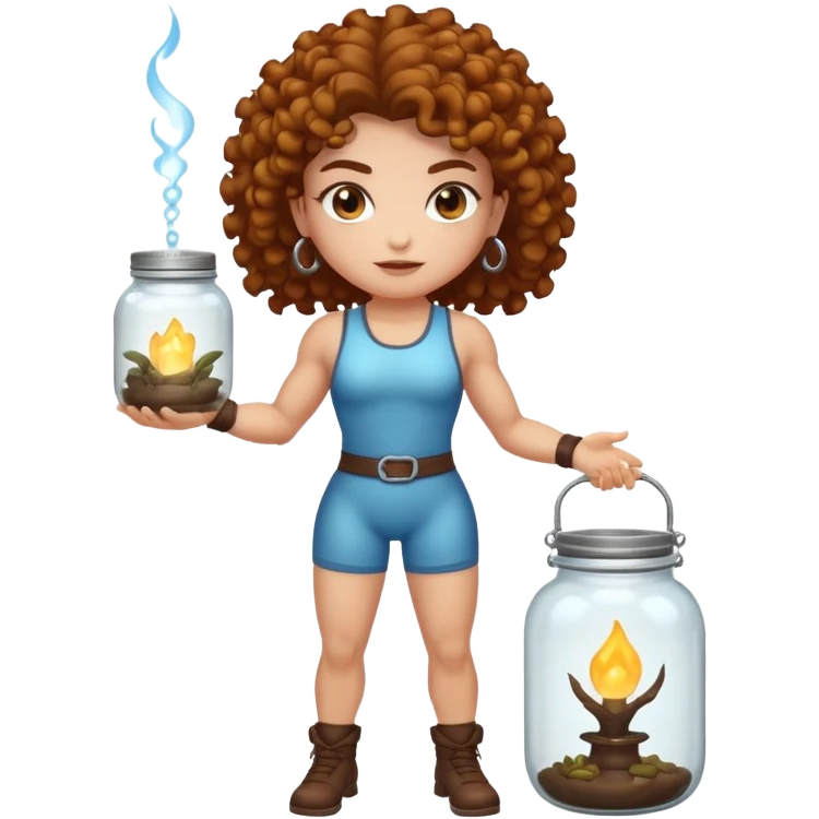 full body woman short curly brown mullet brown eyes white skin muscular build bug catcher spirit with glowing jar emoji