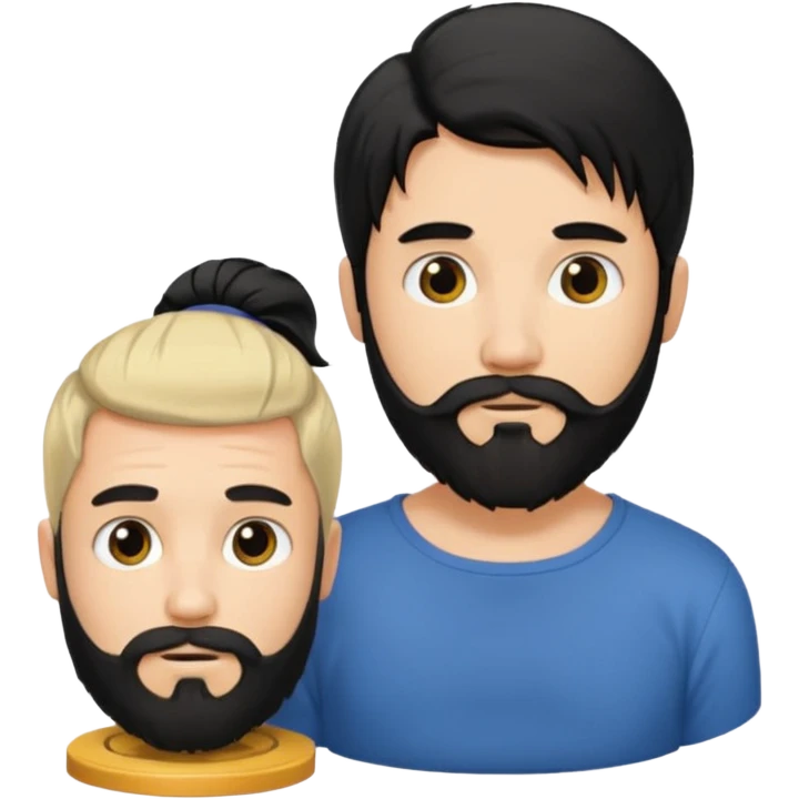 Man with long black hair tied in a spool and beard with a young short-haired blond without a beard emoji