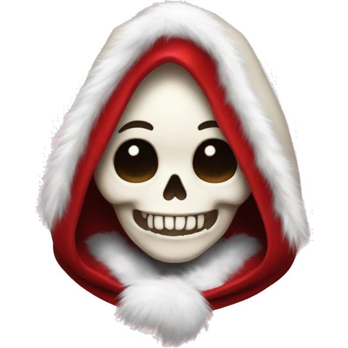 Cute, happy young skull wearing a red velvet hood with white fur trim. emoji