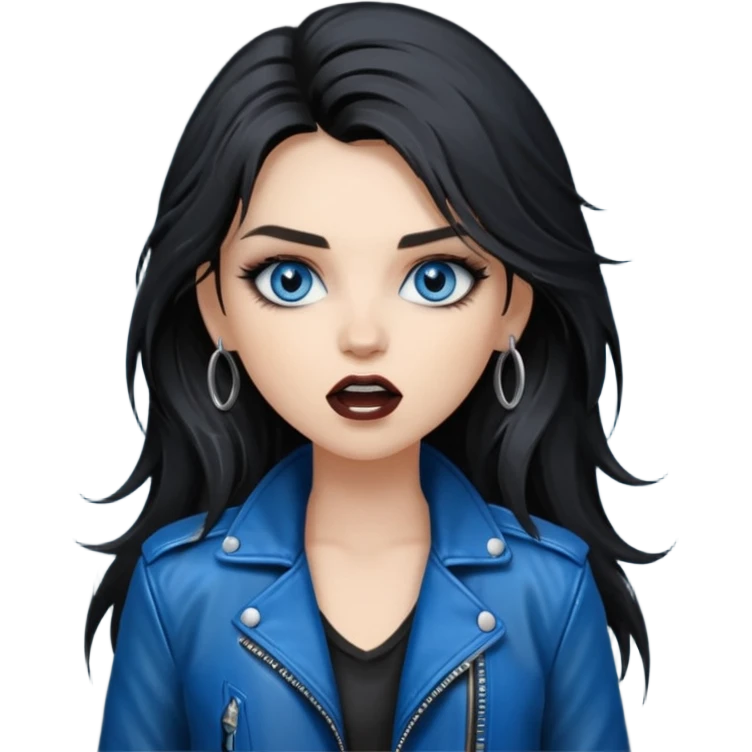 
 rockstar girl with long black disheveled hair, blue eyes, Smokey eyes grunge makeup, singing  emoji