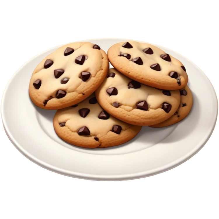 Cinematic Realistic Cookies Dessert Emoji, showcasing a plate of freshly baked cookies with gooey chocolate chips rendered with lifelike textures and warm, homey lighting. emoji