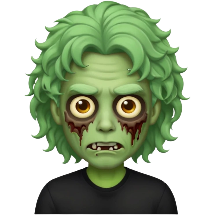 Emoji masculino de zumbi estilo iPhone,com cabelo ondulado grande, camisa preta e brincos emoji