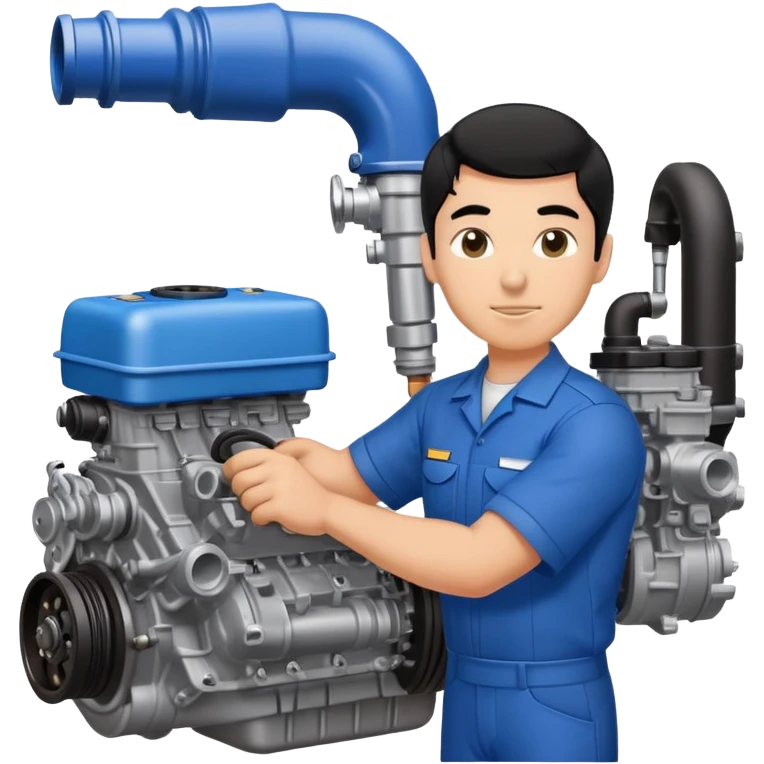 Guy with black hair working on a blue cars engine emoji