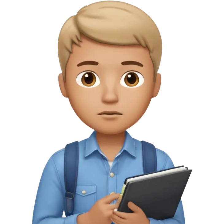 male memoji, man in casual shirt, looking up thoughtfully, holding notebook, dreamy distracted expression emoji