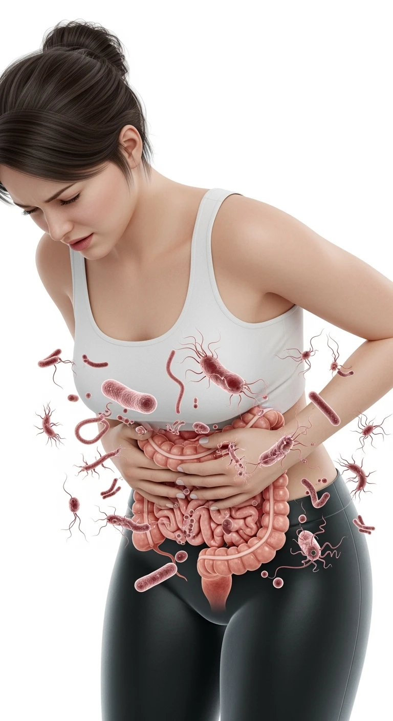 DONNA CON MAL DI PANCIA E INTESTINO UMANO ANATOMICO VISIBILE, BATTERI INTESTINALI FLUTTUANO INTORNO, IPERREALISTICO 4K, SFONDO BIANCO emoji