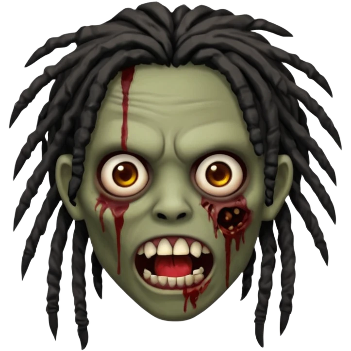 zombie with brown skin, messy black dreads hair, wide centered brown eyes, dark bloody marks under the eyes, and a slightly open mouth showing crooked teeth grillz, giving a distressed, undead look. emoji