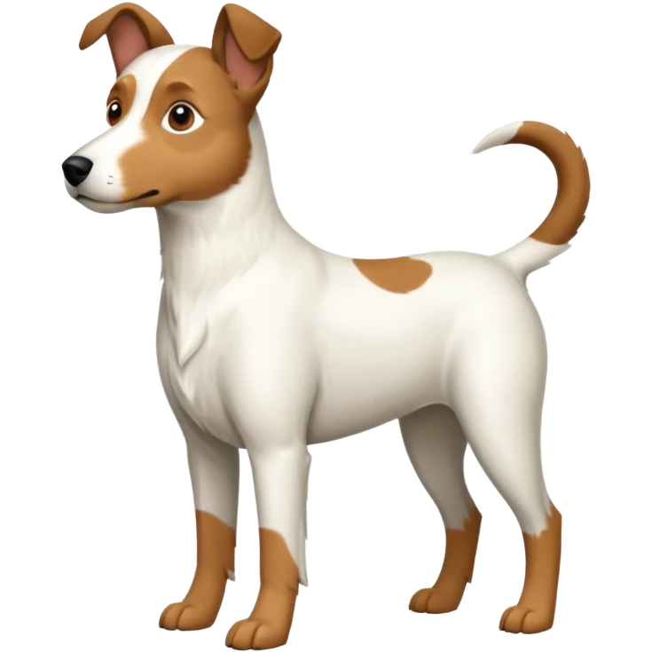 a full body large white floppy eared parson russell looking dog the size of a kelpie with light brown ears and a light brown patch on one eye and a large snout emoji