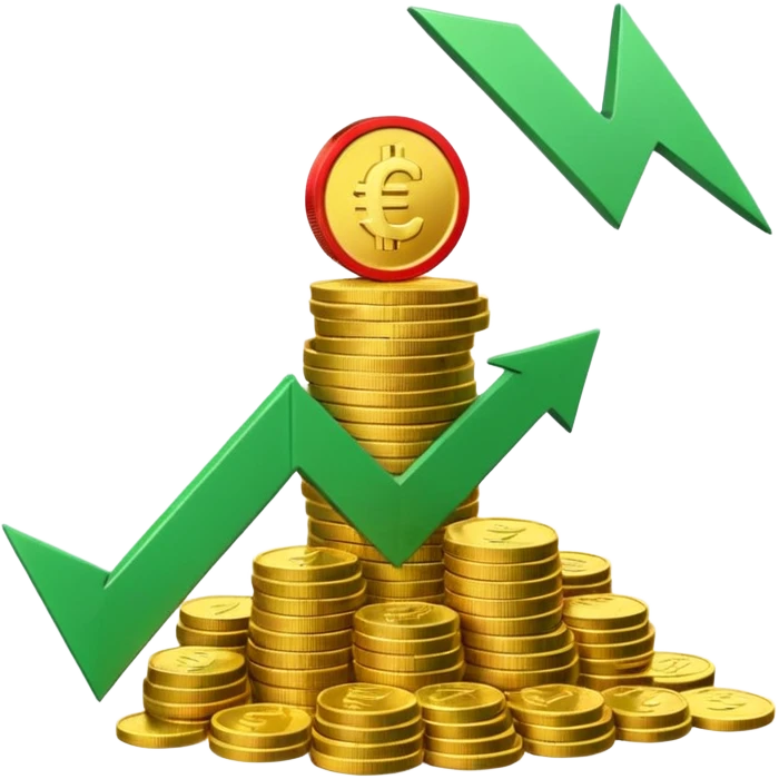 3D euro coins and banknotes stack, green upward arrow and red downward arrow, 
money flowing in and out, gold and silver coins, transparent background, 
emoji style, realistic, balanced composition emoji