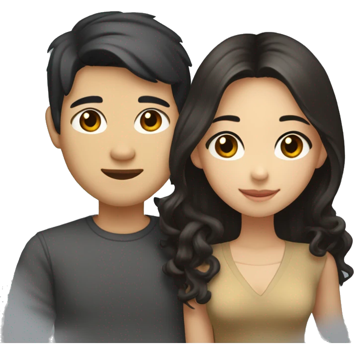 A half pale Asian man with short dark hair and amber eyes embracing and loving a half Asian woman with long wavy dark hair and dark hazel eyes. They love each other a lot And have good fashion taste. emoji