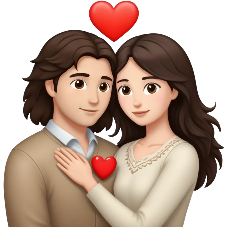 A couple embracing, man with light mestizo skin and straight dark brown hair, woman with fair skin and long slightly wavy dark brown hair, with white hearts around them emoji