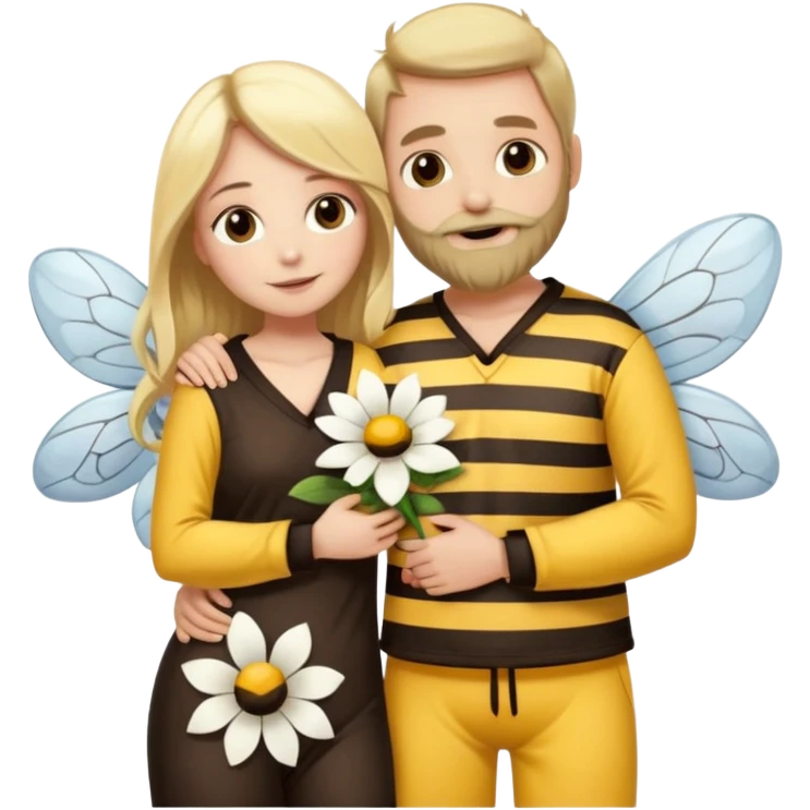 Grown up man with brown eyes, long dark brown long, white skin, medium beard, full body in cute bee pijama hugging a woman with blonde hair, white skin, dressed as a flower  emoji