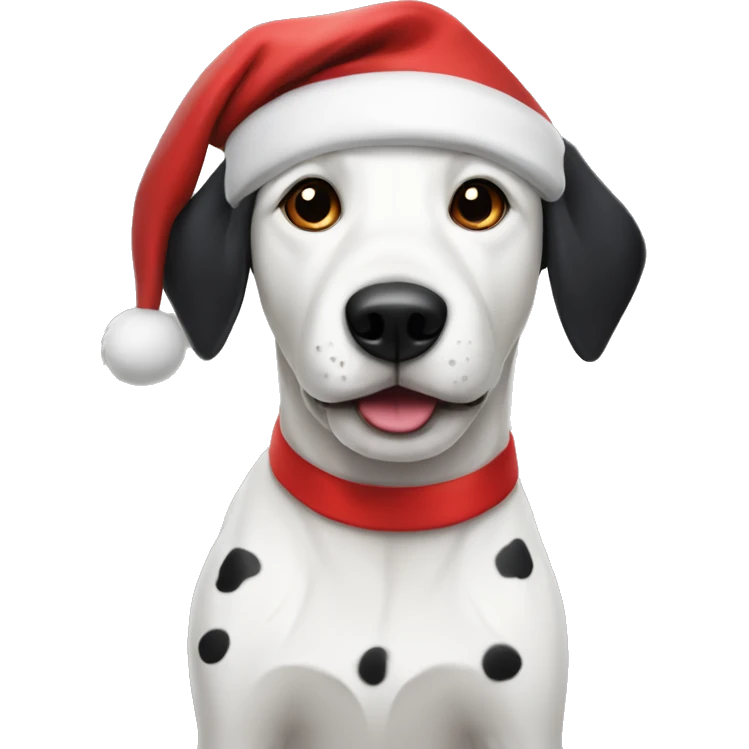 white dog with black ears and black spots, wearing santa hat emoji
