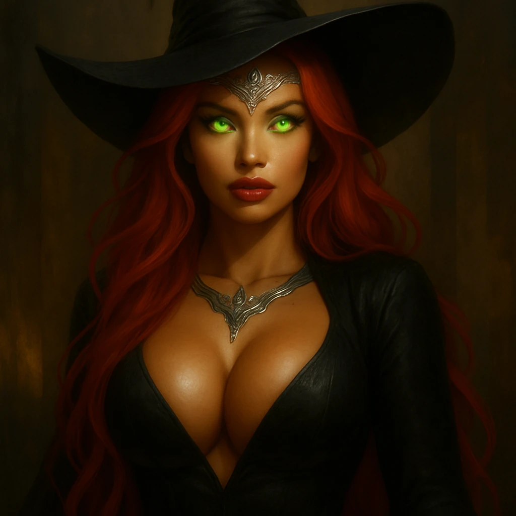 Keep the original face exactly the same as the first image. Make her eyes slightly more glowing and bright green, give her larger and poutier lips, much larger breasts with more cleavage, and slightly more bronzed skin. Enhance her ethereal goddess appearance. Keep her long bright red hair and silver crown-like tattoo on her forehead. The style is ethereal goddess with long bright red hair and silver crown-like tattoo on forehead, glowing bright green eyes, larger pouty lips, larger breasts with cleavage, and bronzed skin. emoji