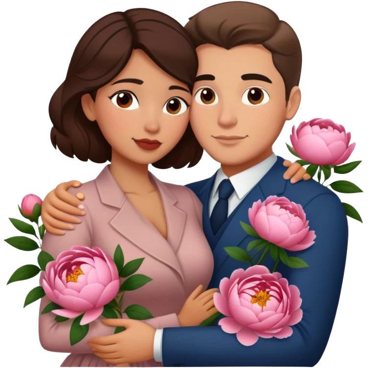 couple hug with warm Latina girl and russian man elegant peonies garden roses  emoji
