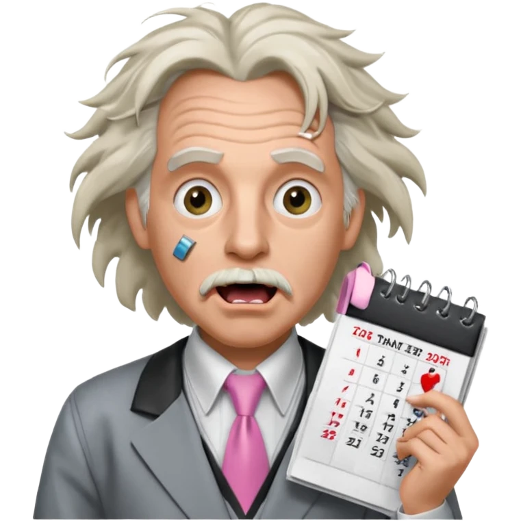 Doc Brown, in Back to the Future, with his hair all over the place and his mouth wide open. No glasses. Wearing a silver dress with black trim, a pink collared shirt and a white tie, holding a calendar.  emoji