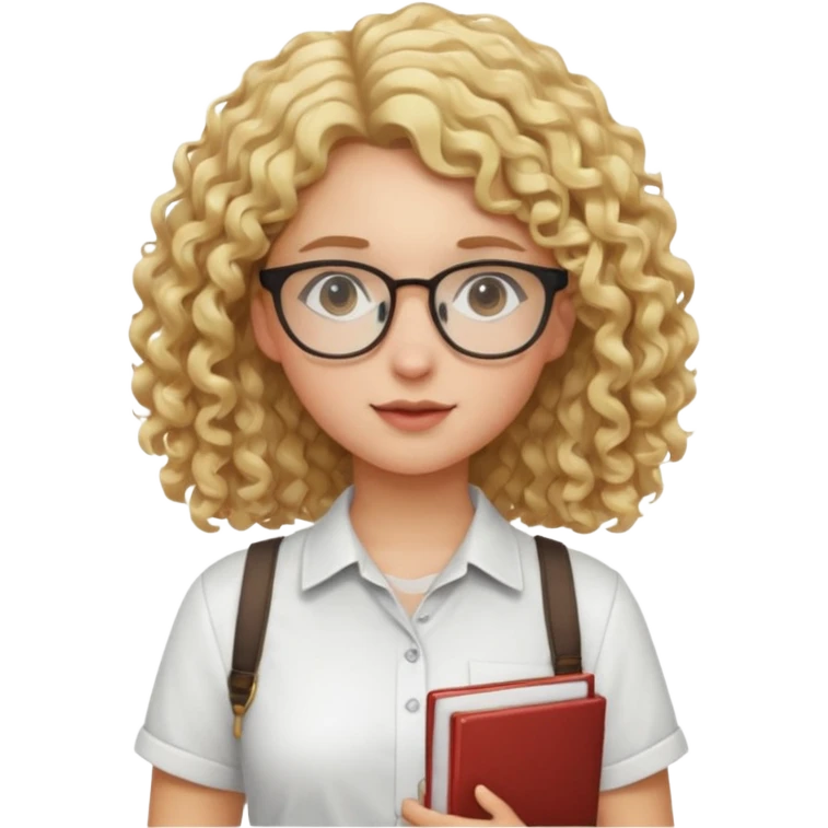 girl student , curly blone hair, half body to belt, glasses emoji
