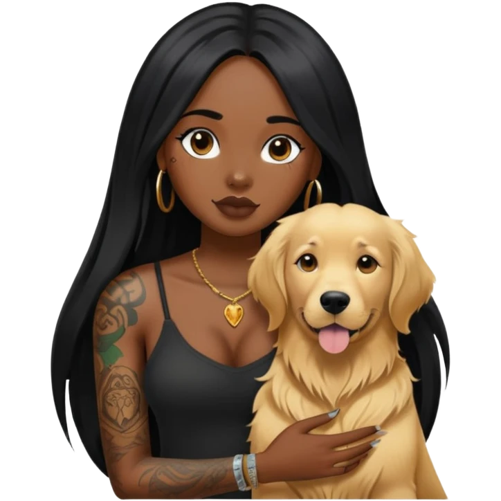 black girl with long black  straight hair and tattoos and  a golden retriever emoji