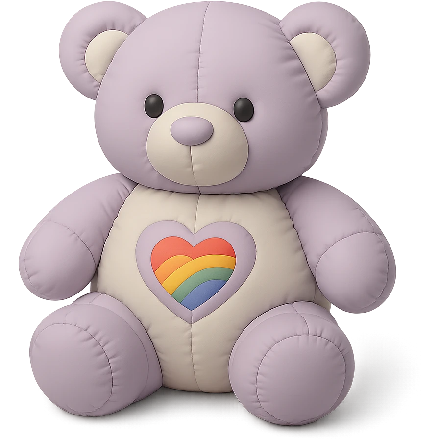 Change the rainbow patch to a heart-shaped rainbow patch on the purple and white teddy bear, keep it soft and plush, no shadows, flat lighting, no background. emoji