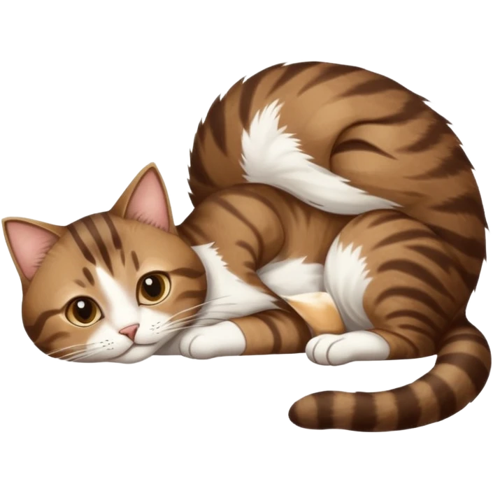 dark brown tabby and white cat with doing a big extremely long stretch reaching up into the air with arms and legs side by side together straight and overextended whilst lying on its side emoji