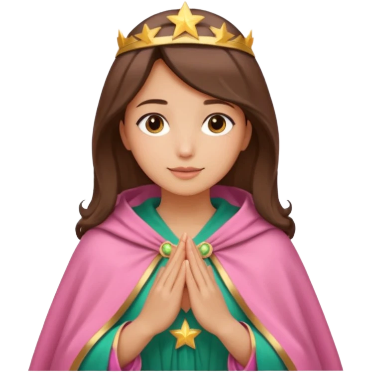 Mujer de piel morena, rostro sereno, manos juntas. Vestido rosa, manto azul verdoso con estrellas doradas. Resplandor dorado alrededor del cuerpo. emoji