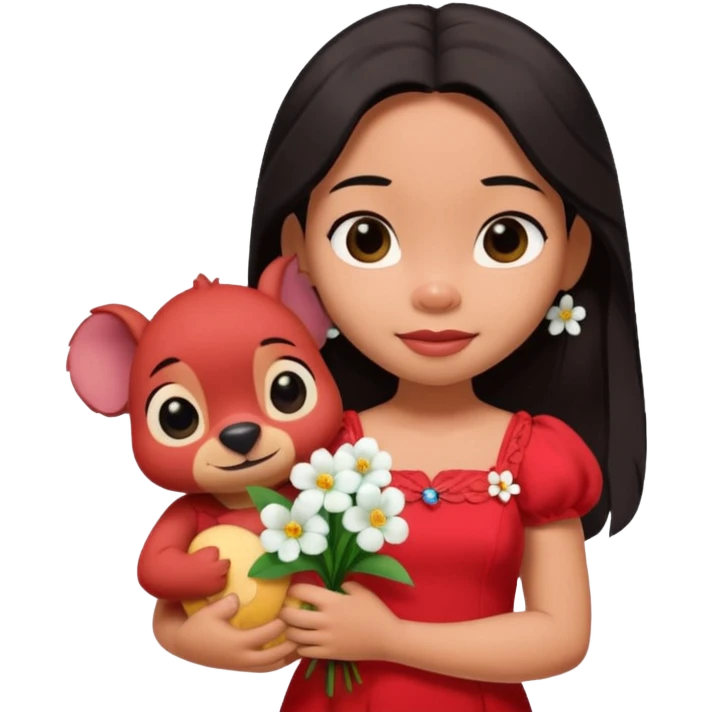 Lilo from Lilo & Stitch, in a red dress with white flowers, holding a plush toy emoji