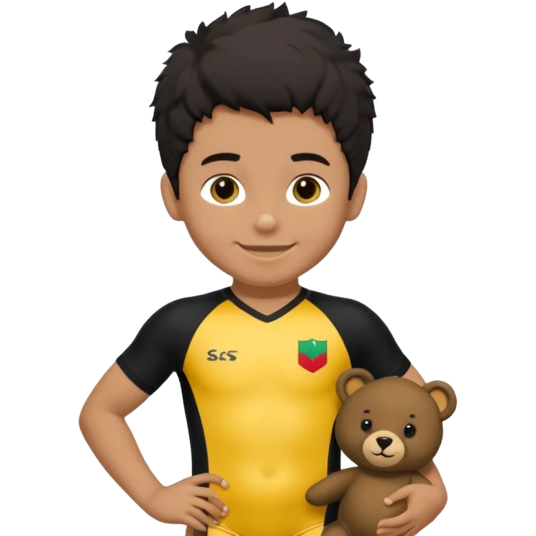 Une garçon qui a les cheveux noir qui sourit il a un maillot de l’algerie et qui a un doudou sur son epaule un ours jaune qui a des habille noir emoji