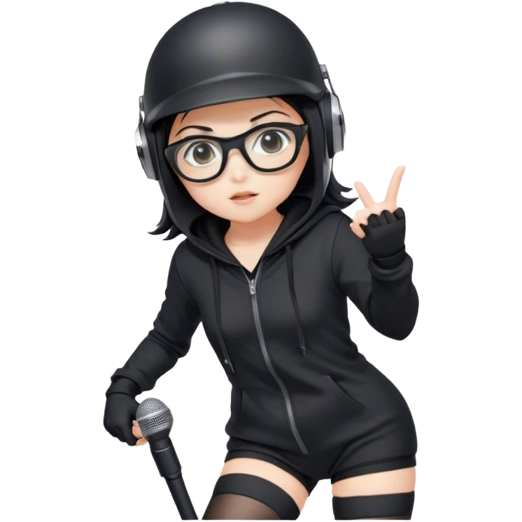 Anime girl in a black hoodie, wearing a helmet, black glasses, microphone, and thigh-high stockings, with high-tech controls emoji