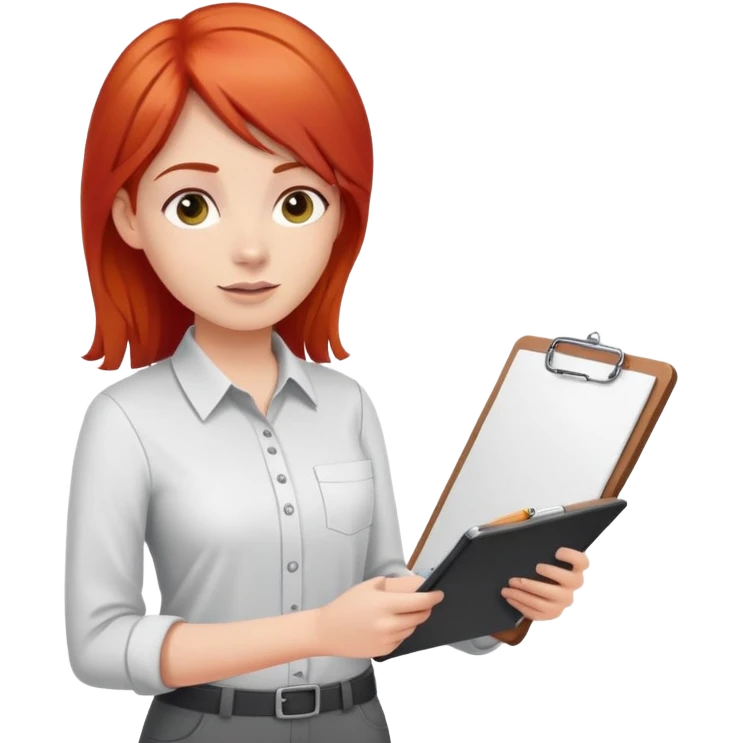Intern or volunteer with red hair holding a clipboard and pencil, ready to take notes or assist. The character wears a simple shirt and has an eager posture emoji