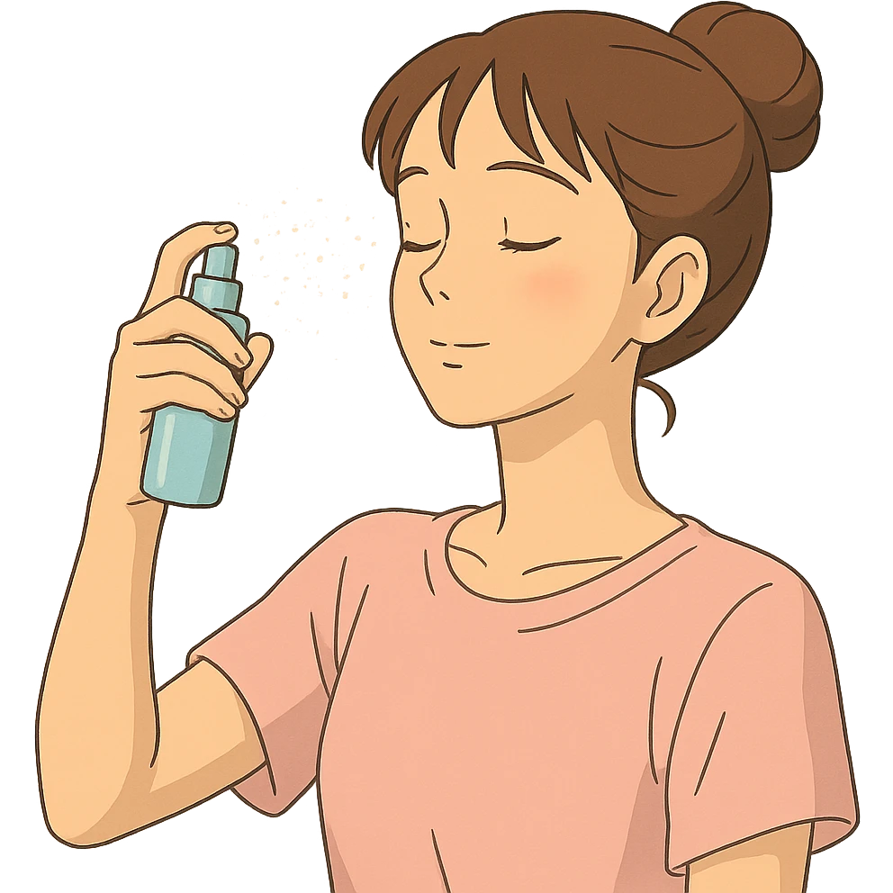 girl using face mist, gentle expression, soft pastel colors, beauty theme emoji