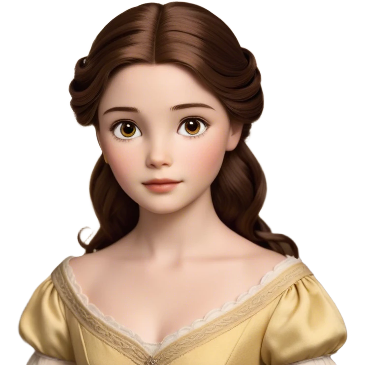 Cinematic Realistic Belle Portrait, depicted with lifelike skin texture, soft natural lighting, and intricately detailed brown hair styled elegantly. Her deep, expressive eyes exude warmth and intelligence, complemented by a serene and graceful expression. She is dressed in her classic attire, with rich fabric textures and delicate folds that catch the light beautifully. The portrait features a soft, enchanting glow with a natural, radiant finish, capturing the essence of timeless beauty in a realistic and painterly style, evoking a sense of depth and authenticity. emoji