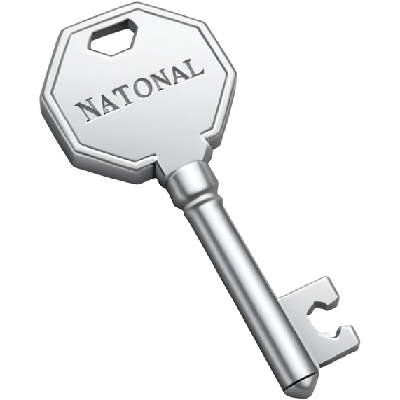 small silver metal key with hexagonal head and the word NATIONAL engraved, clean lines, soft silver tone, minimalistic and precise emoji