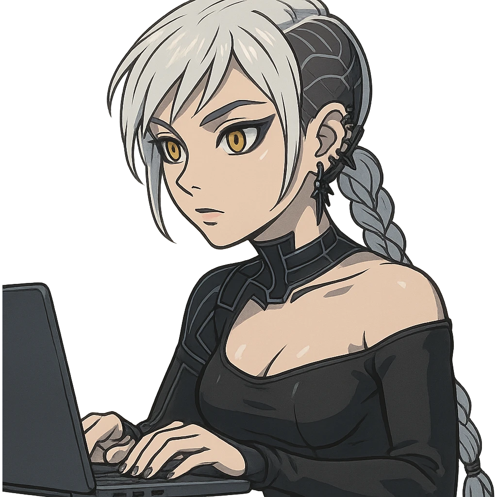  she is sitting at a laptop typing, a closeup portrait of young woman with gold yellow eyes, white hair, long braid, black off-shoulder top d-cup, punk gothic style, futuristic cyberwave cyberpunk, sitting position
 emoji