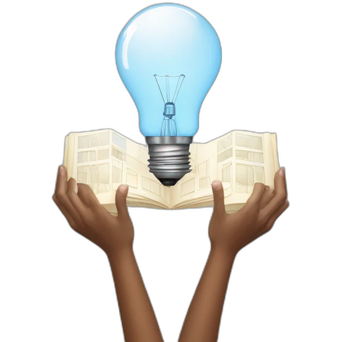 hands holding an architectural plan and a light bulb above emoji