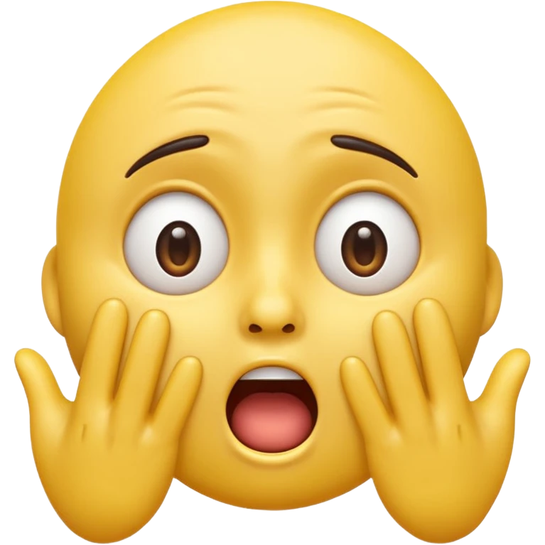 A 3D glossy yellow emoji of a shocked horrified face, with mouth and eyes are wide open, eyebrows  raised, and hands against their cheeks, face without nose, black background, high quality, soft studio lighting emoji
