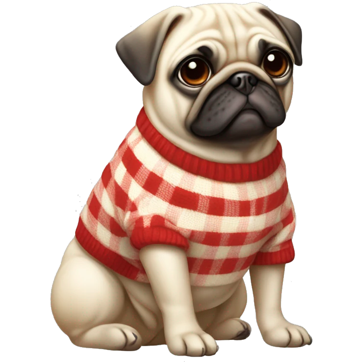 all cream pug,no black snout, wearing a red and white checkered sweater emoji