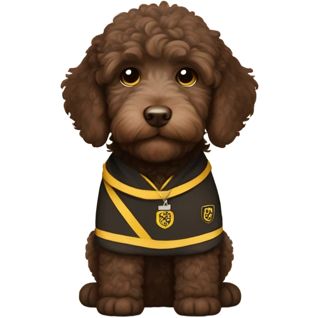 Chocolate brown labradoodle puppy.  Chubby.  white on his chest.  Brown eyes.  Wearing a hufflepuff gear   emoji