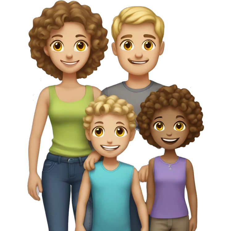 Family of 5. All light skinned. Dad has brown hair. Mom has brown curly hair. Oldest boy with blonde curl hair. oldest girl with light brown hair. toddler boy, with brown hair. emoji