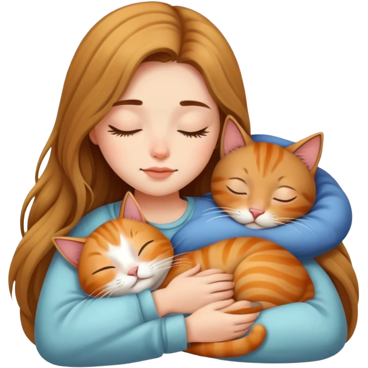 Generate a picture of a beautiful girl with long hair sleeping with a cat emoji
