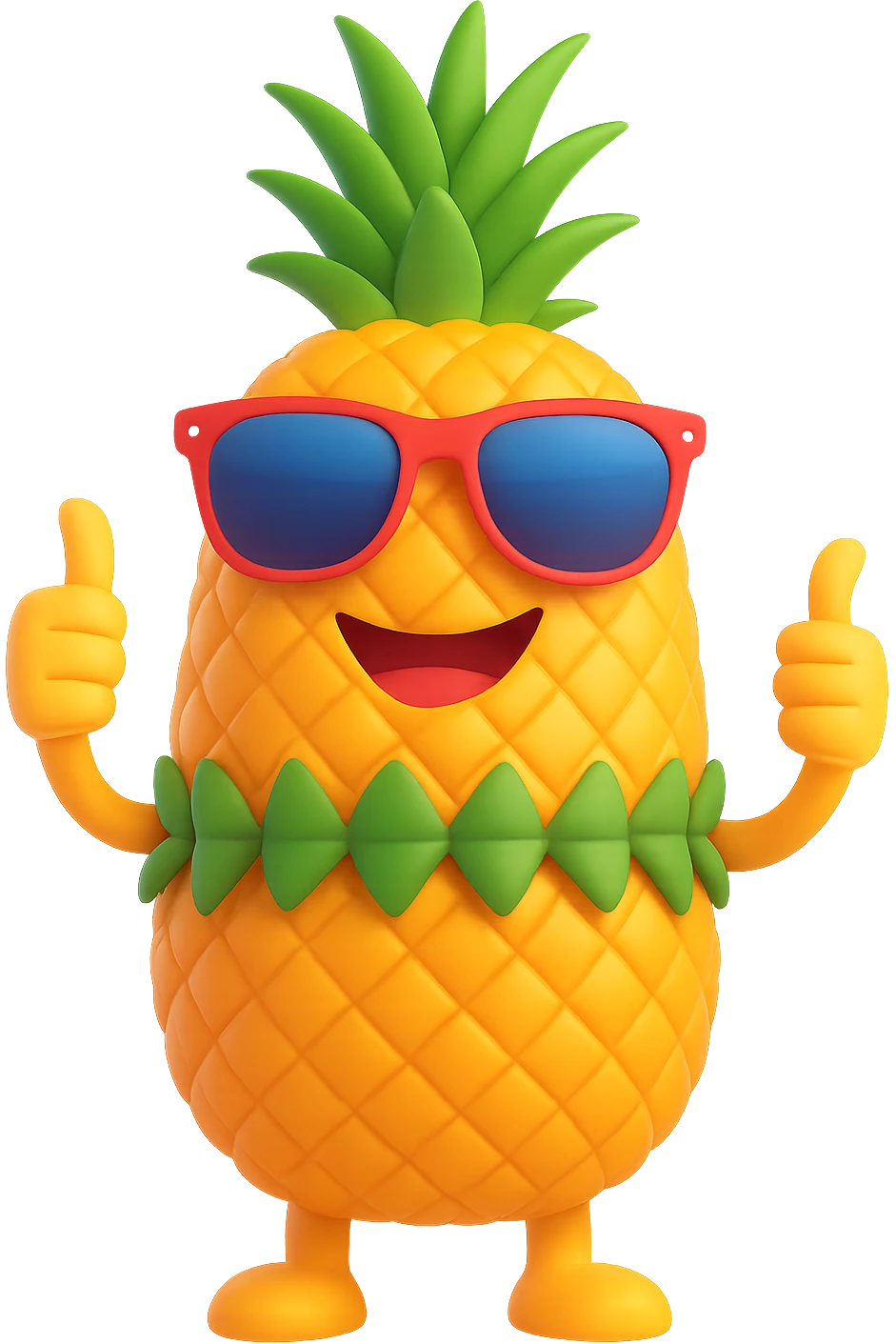 Edit the pineapple emoji in 3D emoji style to have aviator style sunglasses, keep it smiling and giving a thumbs up, no background. emoji