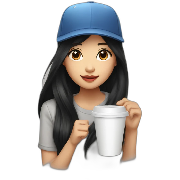 A long black hair cool Asian girl wear a baseball cap and have a cup of coffee emoji