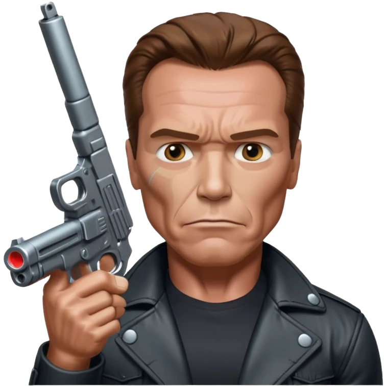 Arnold Schwarzenegger as the Terminator, holding a raised gun, realistic emoji style emoji