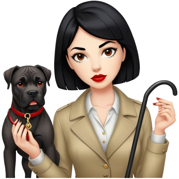fashionable woman with red lips and black hair next to a Cane Corso dog emoji