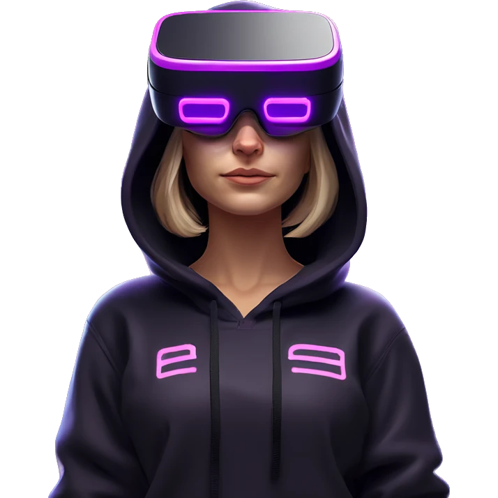 Russian girl wearing black hoody with violet letters "OMG", in vr headset oculus quest2. Standing like jedi. Cyberpunk style. Violet neon. emoji