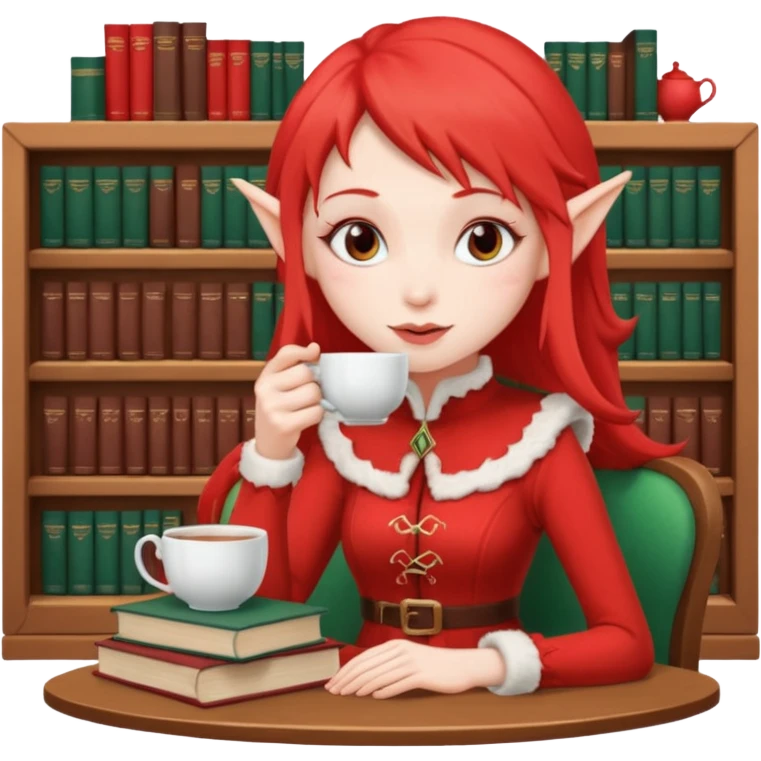 Red elf-like girl sipping tea with a stack of books beside her  emoji