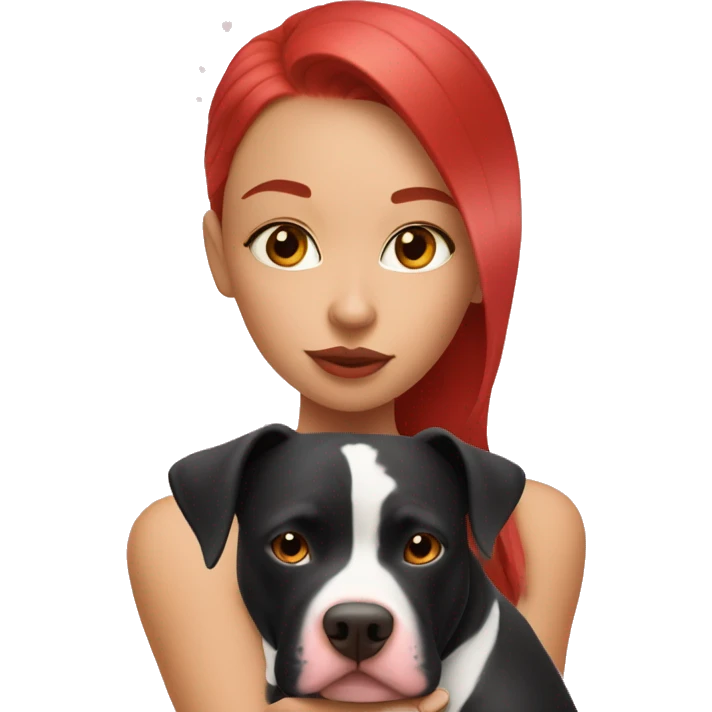 Girl with red hair kissing big black pitbull dog, pink hearts emoji